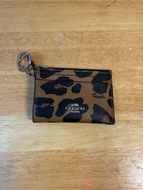 COACH Leopard Print Card Case Key Ring - Brown & Black